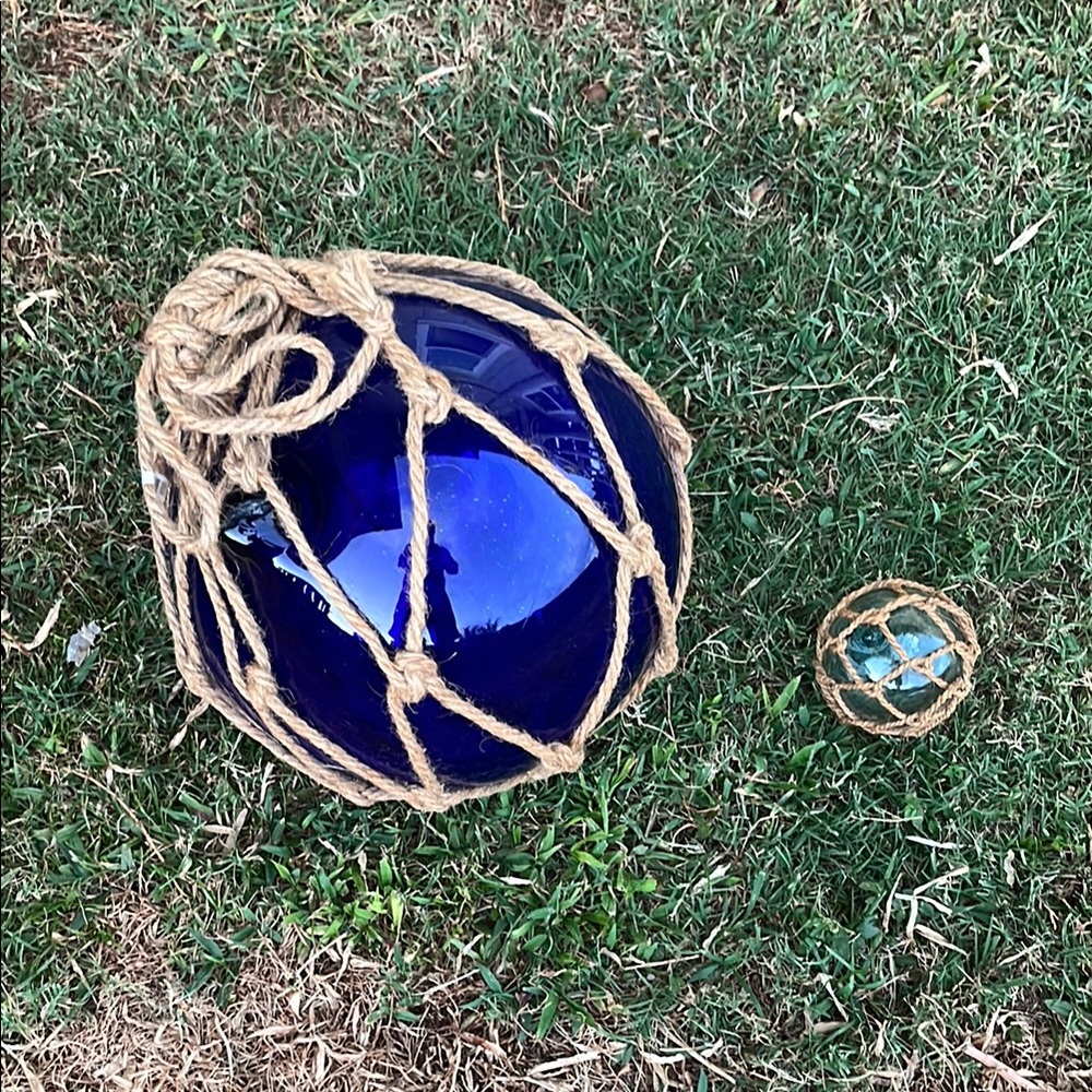 2x Blue Glass Buoy with Rope Netting
